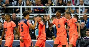 احتفال برشلونة بهدف راشفورد في مرمى نيوكاسل