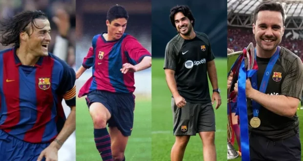 لويس إنريكي، ميكيل أرتيتا، بير روميو وجوناثان جيرالديز، في برشلونة