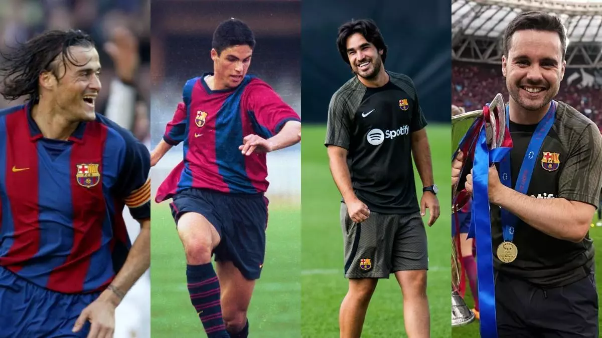 لويس إنريكي، ميكيل أرتيتا، بير روميو وجوناثان جيرالديز، في برشلونة